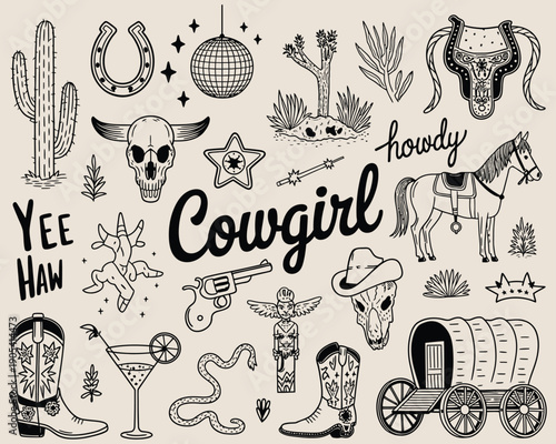 Hand Drawn Whimsical Cowgirl Vector Illustration Set, Playful Western Female Character Collection, Cute Cartoon Style, Ranch and Wild West Theme