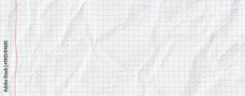 Crumpled white paper background with vintage notebook grey graph grid and red line. Square pattern texture perfect for school or education themes. Vector illustration bg for collage .