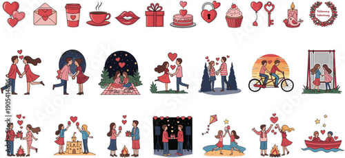 Cute Valentine couple scenes and romantic love icons collection cartoon vector illustration set for greeting design