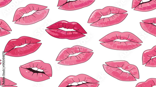 Pink lipstick lips seamless pattern with stylish glossy mouth prints decorative vector illustration background design