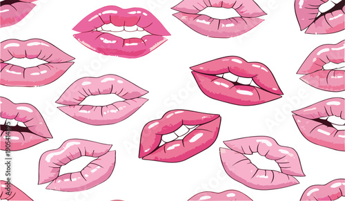 Soft pink glossy lips seamless pattern with pastel lipstick mouth prints decorative vector illustration background design