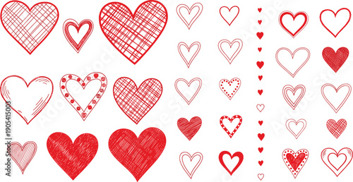 Hand drawn heart doodle collection with sketch style romantic love symbols red vector illustration set