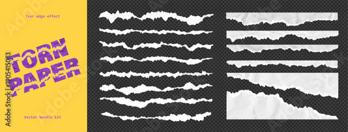 Jagged torn paper rip edge effect on clean white recycled sheet texture. Vector illustration collection includes page piece, blank card, tag label divider element cut line on like transparent png bg