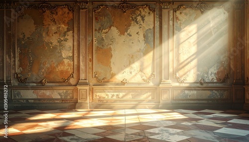Sunlight streaming into an old, ornate room with checkered floor.