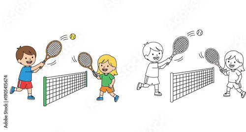 Cute cartoon children playing tennis. Vector illustration of boy and girl hitting ball with racket. Set of colored and outline versions for coloring book page activity isolated on white.