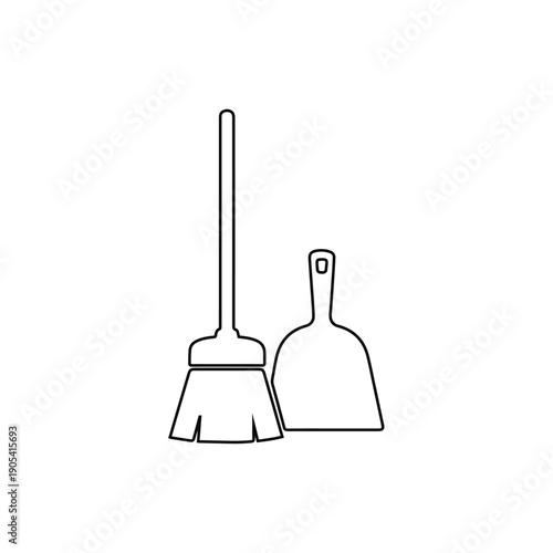 broom and dustpan icon outline simple cleaning tools for household chores sweeping dust and floor maintenance isolated illustration