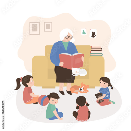 Happy grandmother reads a book to her children and grandchildren. Storytime, kids attentive. Aged woman and children. Family bonding, storytelling time, educational activity.
