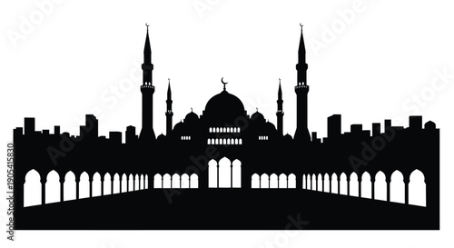 Silhouette of mosque architecture with minarets and dome against white background