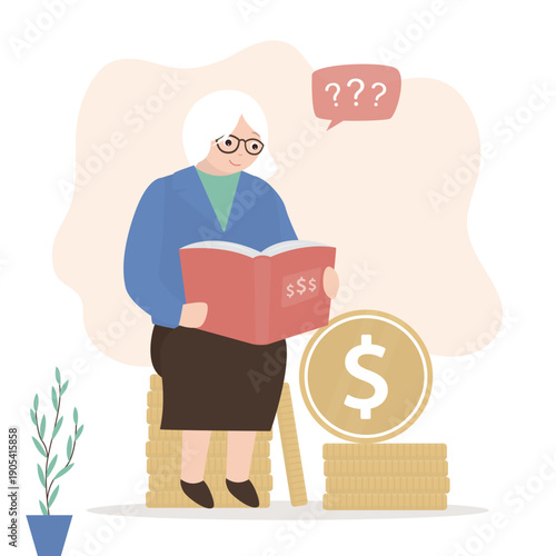 Elderly woman reading book and studying financial literacy and budgeting. Aged lady analyzes financial statistics. Financial and money management education concept.