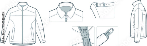 Technical jacket vector illustration with front side views and detailed zipper collar cuff components in clean flat apparel designTechnical jacket vector illustration with front 