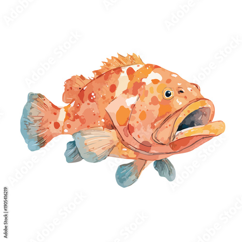 Vibrant Orange Grouper Fish Watercolor Illustration.