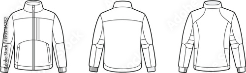 Technical jacket line vector illustration showing front back and alternate views with zipper closure and seam details in clean outline style