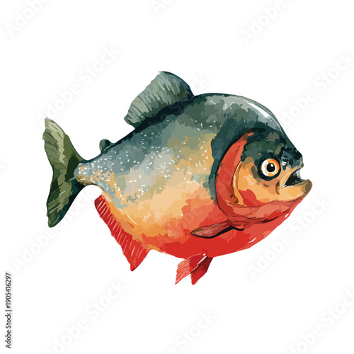 Vibrant Piranha Fish Watercolor Illustration Aquatic Predator.