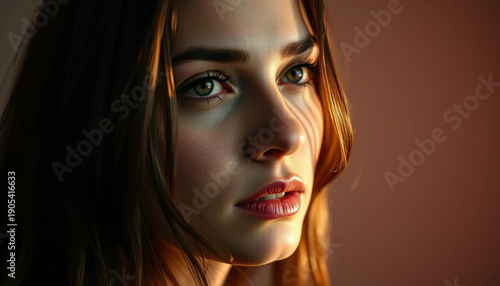 Woman Looking Upward in Soft Lighting with Brown Hair and Green Eyes