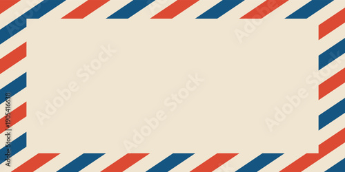 Airmail envelope frame. Commercial envelope. International vintage letter border. Retro air mail postcard with blue and red stripes. Blank correspondence paper template.eps,10