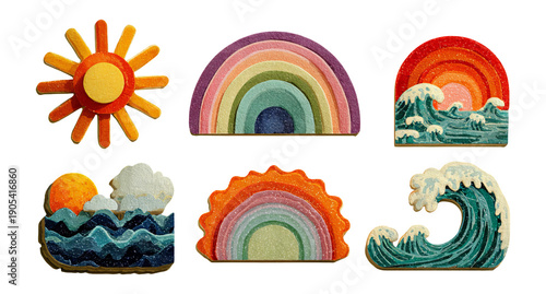 Colorful Decorative Elements Featuring Sun, Rainbow, Ocean Waves, and Sunset Art