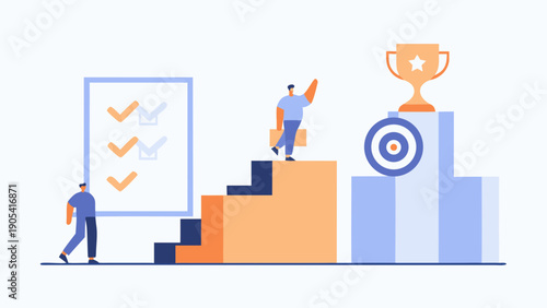 Colorful flat illustration of business achievement checklist and target with trophy on graph