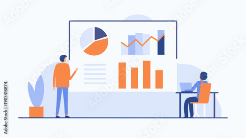 Flat illustration of two business professionals analyzing report with pie chart and bar graph