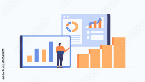 Colorful flat illustration of analyst reviewing financial data on large screens with charts