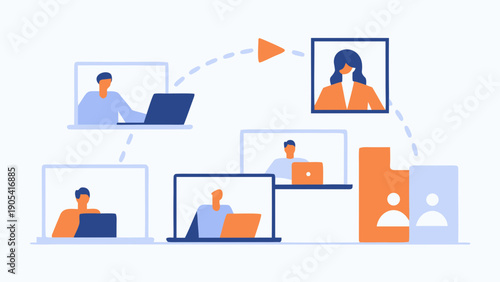 Remote business team collaborating online with laptops and video conferencing in a colorful