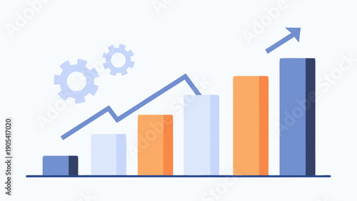 Flat vector graphic showing business growth metrics comparison with bar chart and gears