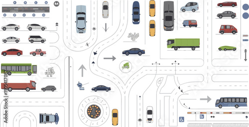 Detailed urban traffic intersection illustration with cars buses trucks lanes and road symbols in clean modern vector infographic styleDetailed urban traffic intersection illustration 