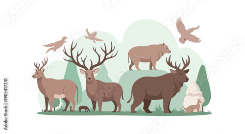 A World Wildlife Day illustration featuring various animals, including a deer, elephant, and bird, in a natural setting with trees and hills, promoting wildlife conservation and ecosystem