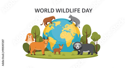 Vector illustration of various animals surrounding a globe on World Wildlife Day, symbolizing wildlife conservation and ecosystem on a simple background.