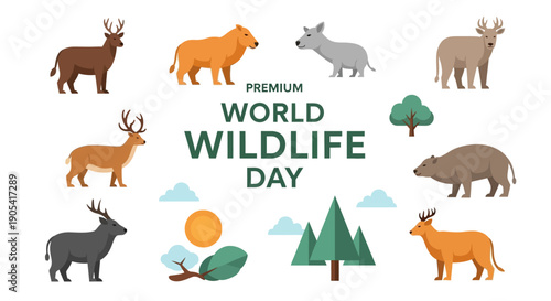 Vector illustration of various animals and nature elements celebrating World Wildlife Day with a design for conservation and ecosystem awareness.