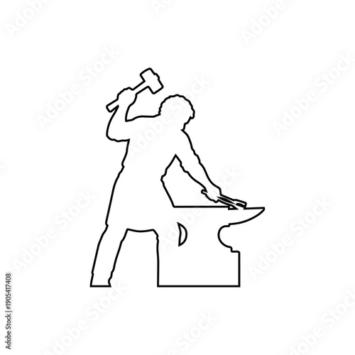 blacksmith hammering on anvil outline isolated on white background