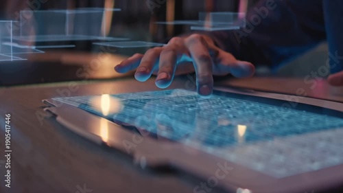 Cinematic close-up visually impaired student reading braille tablet modern futuristic library ambient lighting, holographic books floating around, hands moving gracefully braille, reflective surfaces