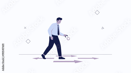 Businessman choosing direction on path with arrows