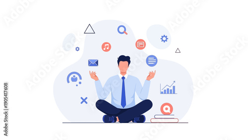Businessman Meditating Surrounded by Business Icons, Achieving Calmness and Productivity