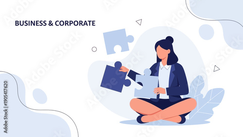 Woman assembling puzzle pieces, business and corporate concept, teamwork, strategy