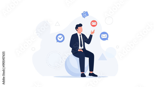 Businessman juggling communication icons, emails, tasks, and notifications