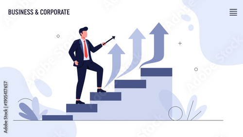 Businessman climbing stairs with upward arrows, concept of business growth and success