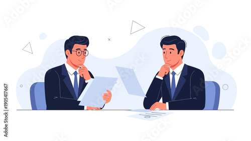 Two businessmen in suits interviewing, discussing documents at a table