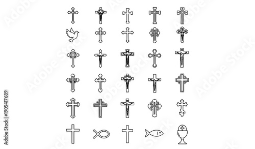 Outline Christian cross icon black vector line art religious set