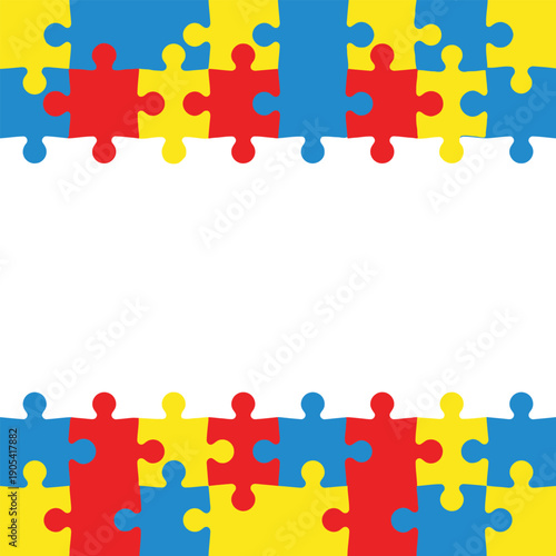 World Autism Awareness Day background with colorful jigsaw puzzle piece border vector illustration
