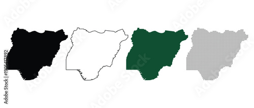 Nigeria Map Silhouettes: Solid Black, Outline, Green, and Dotted