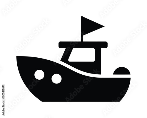 Black vector icon of a simple boat with flag and three portholes