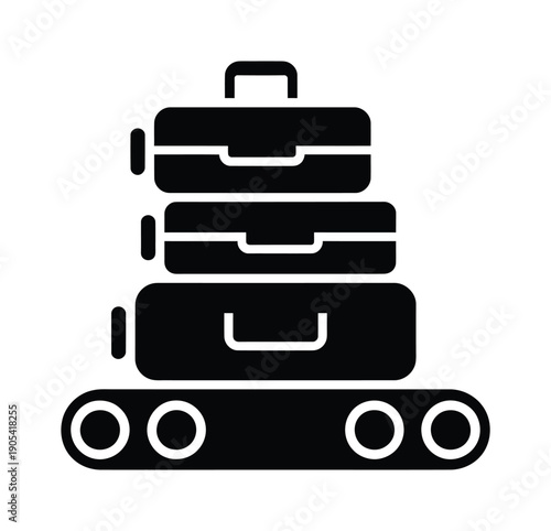 Black vector illustration with three stacked luggage bags on a conveyor belt
