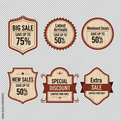 A collection of vintage style sale badges and labels offering discounts and special promotions high-quality