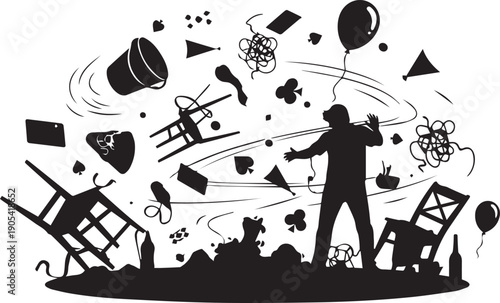 Chaos and destruction vector illustration silhouette of man amidst debris