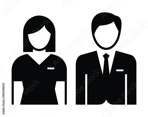 Vector illustration of a woman and man in professional attire appearing as silhouettes