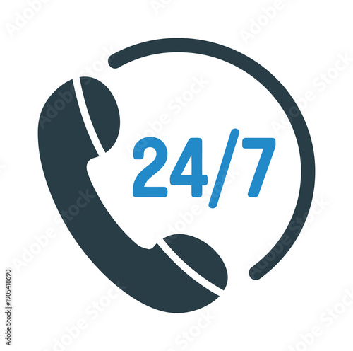 Vector illustration of a phone receiver with 24/7 availability text in blue