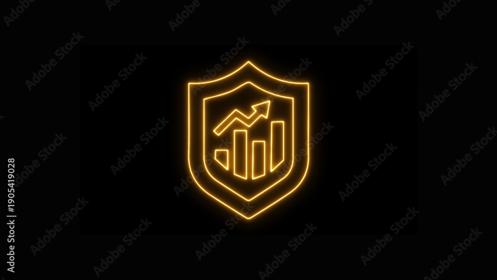 Fototapeta premium Abstract glowing neon shield icon with increasing bar chart for secure business growth and data protection.