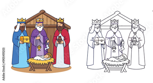 Christmas Nativity scene with Three Wise Men bringing gifts to Baby Jesus in a manger, side by side colored vector illustration and black and white coloring page outline for kids.