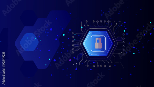 Advanced computing chip with padlock on circuit board background for cybersecurity and technology concepts with glowing blue hexagons and nodes