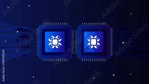 Flat illustration of a smart digital chip icon on a dark blue circuit board background with white dots with smart chip and technology and electronics